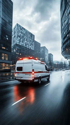 救护车行驶街道雨后景象