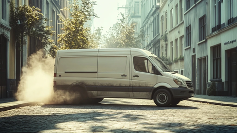 白色货车停靠绿色街道