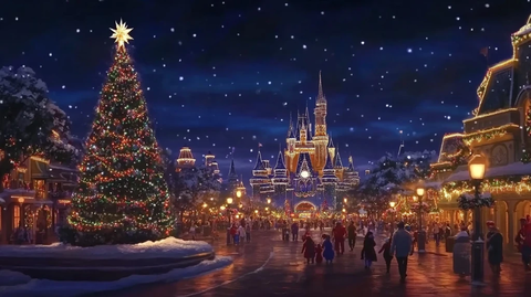 圣诞夜城堡街道灯火辉煌人群熙攘