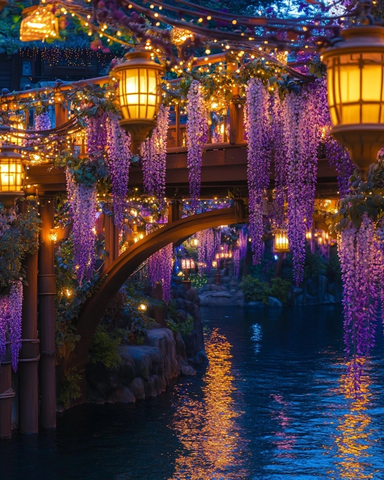 装饰华丽的水边桥夜景