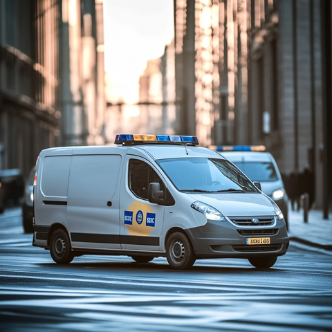 白色安保车侧面蓝黄标识