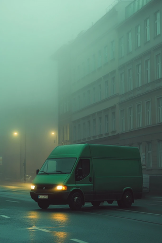 绿色货运车雾中行驶
