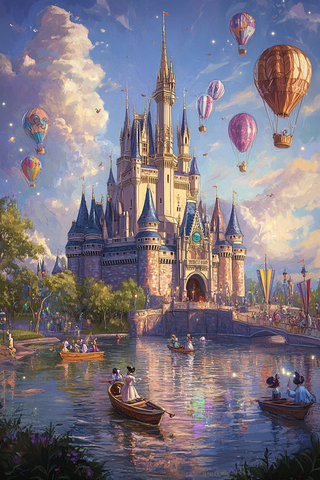 城堡边湖面上小船飘荡天空飘着热气球