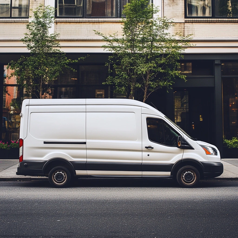 白色福特货车停靠商用楼前