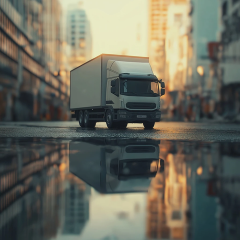 水洼中的卡车与摩天楼倒影