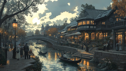 河边小镇的热闹景象及特色建筑风光