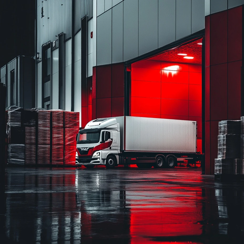 红白卡车与货物堆放场景