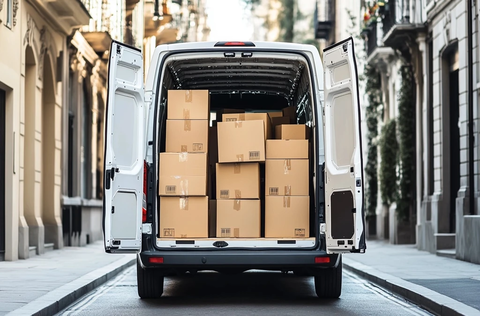 白色货车装满纸箱待配送