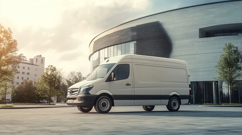 白色货车停靠现代建筑前