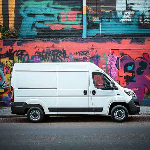 白色货车停靠涂鸦墙