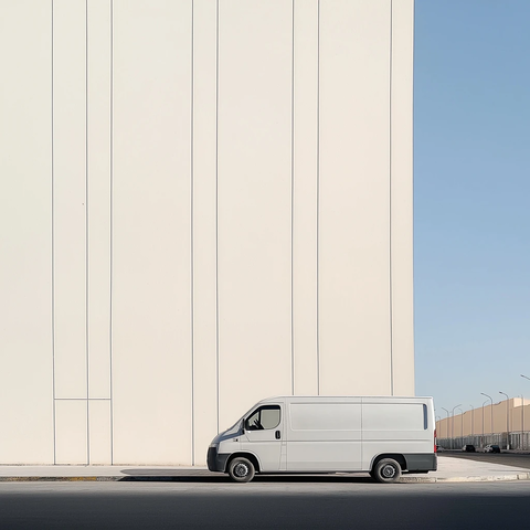 白色货车与新建筑