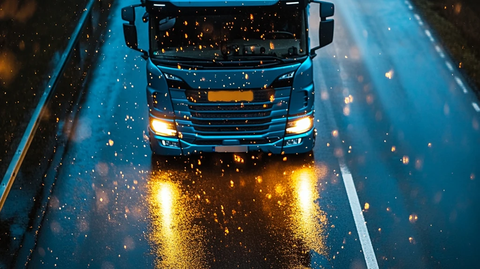 蓝色卡车湿夜道路
