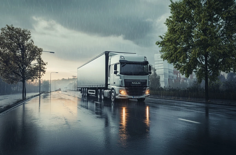雨天卡车绿树空旷道路