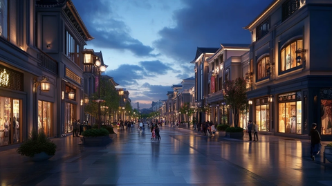 夜晚的商业街行人往来热闹非凡