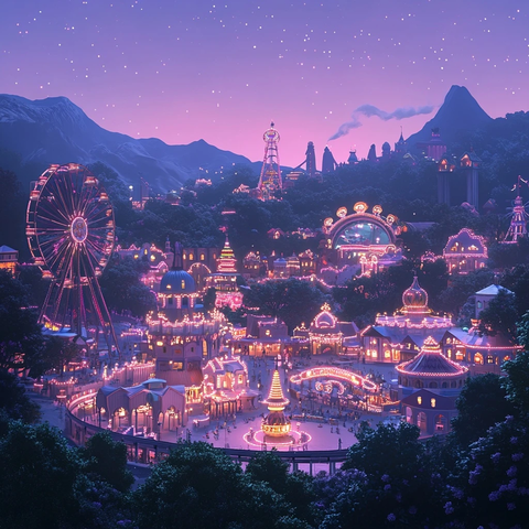 夜景下灯火辉煌的游乐园全景