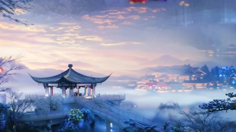 云雾中的中式亭台景观远景