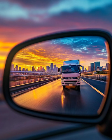 后视镜中白色五十铃货车