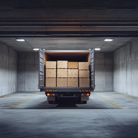 货运卡车后门开启堆叠木箱