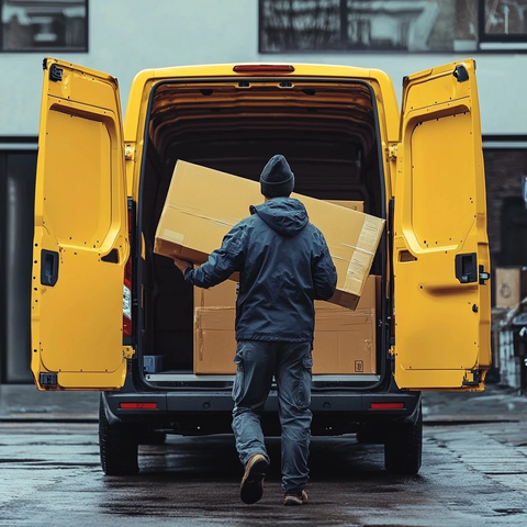 工人搬运物品走向货车后部