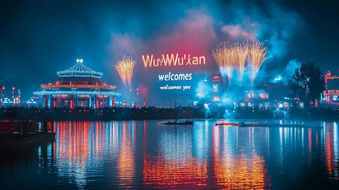 Wuxuan夜景烟花秀湖边建筑灯火通明