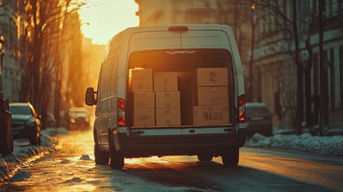 路边白色货车装载纸箱