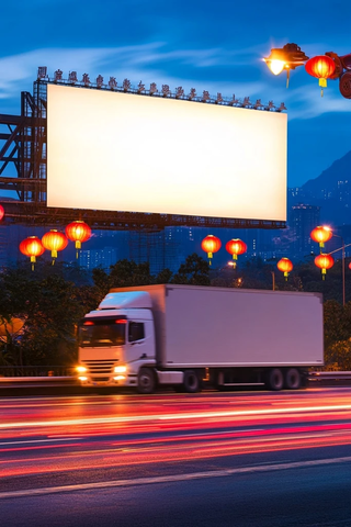 卡车驶过新年装饰广告牌