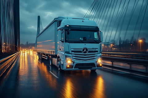 黄昏桥上白色卡车驶过