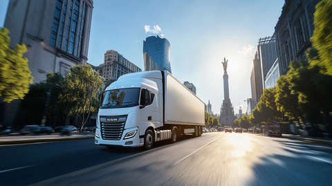 白色半挂卡车驶过独立天使像