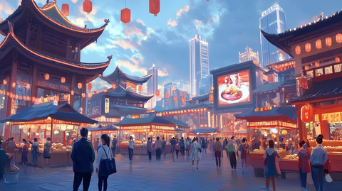 热闹的中式传统建筑风格商业街夜景