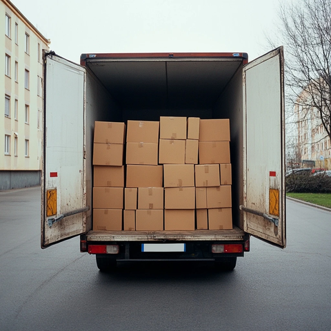 敞开式卡车装满棕色箱子