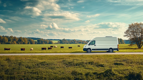 白色货车旁草地奶牛