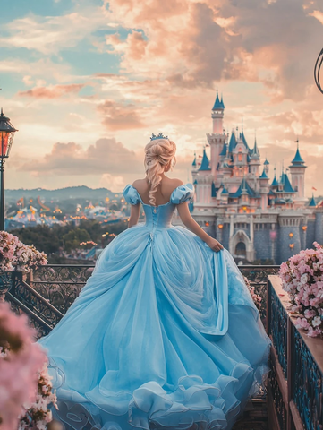 身穿蓝色长裙的女子在城堡前的背影