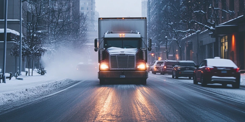 雪天街道上行驶的箱式货车
