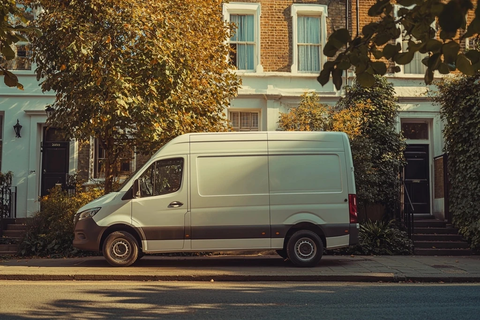 白色商用面包车街边侧影