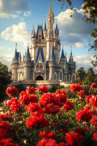 童话城堡前盛开着大片鲜艳红花