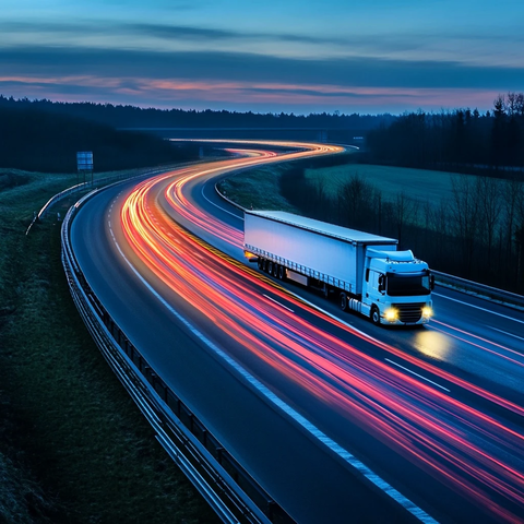 夜晚卡车行驶车灯轨迹