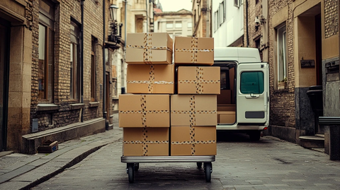 金属车上的十字胶带纸箱