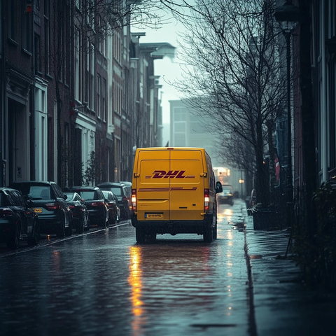 雨雾中街头的快递车