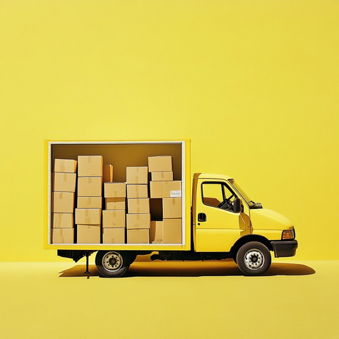 黄色卡车满载棕色纸箱