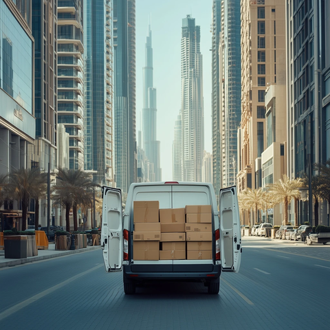 白色货车装载纸箱街景