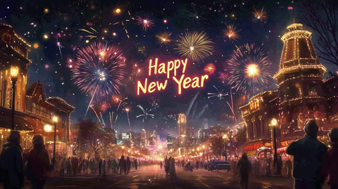 城市街道中人群共赏新年烟火夜景