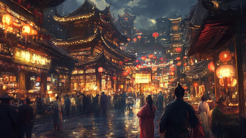 古色古香中式建筑街道热闹夜景