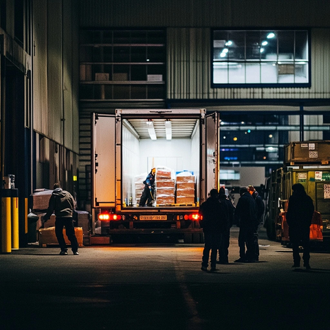 团队夜间卸货仓库场景