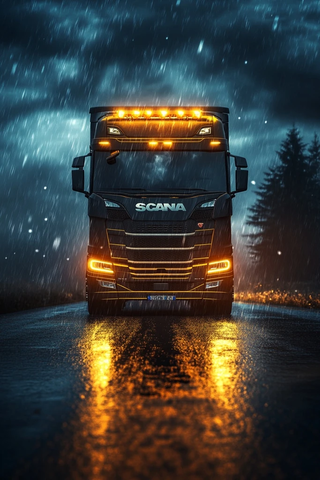 夜间卡车黄灯雨中行驶