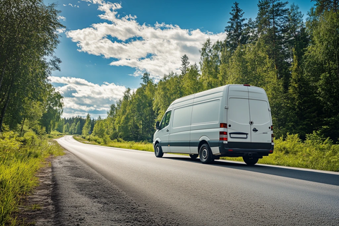 绿色背景道路上的货车