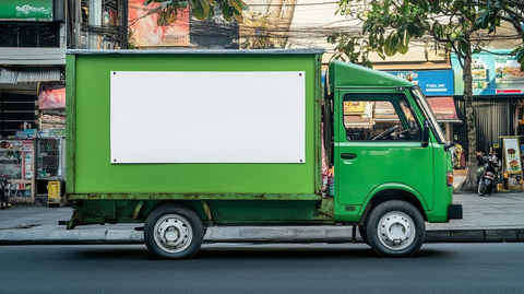 绿色食品卡车白色横幅街道