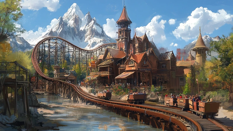 雪山下的特色小镇过山车游乐场景