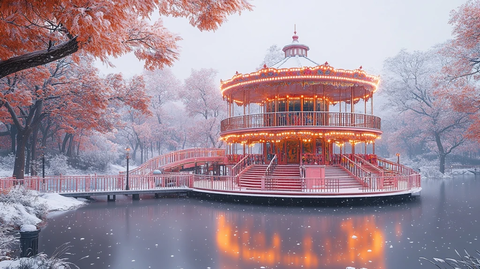 雪中旋转木马建筑的唯美冬日景观