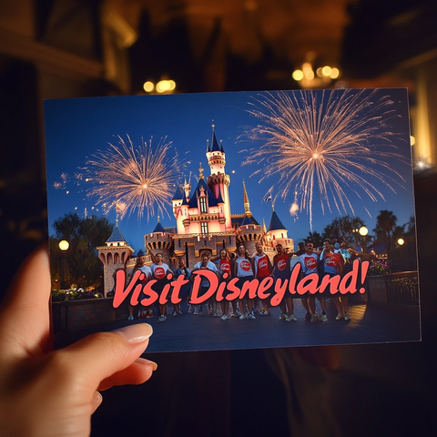 迪士尼城堡前合影人群烟花夜景图