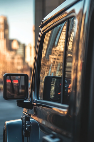 吉普车门玻璃中的城市倒影